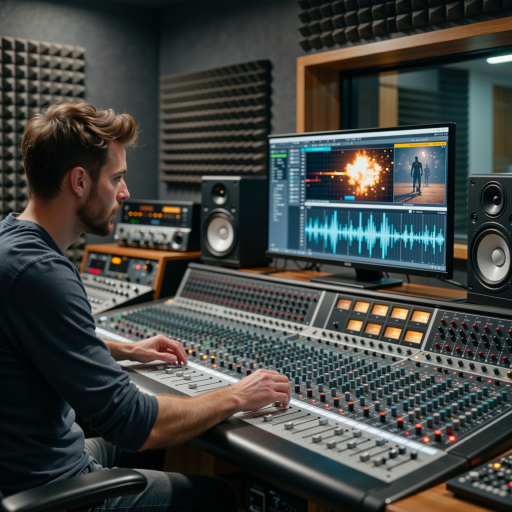 后期总监工作场景照片，三十五岁左右男性剪辑师，坐在专业剪辑台前专注操作，周围环绕专业设备，现代办公环境