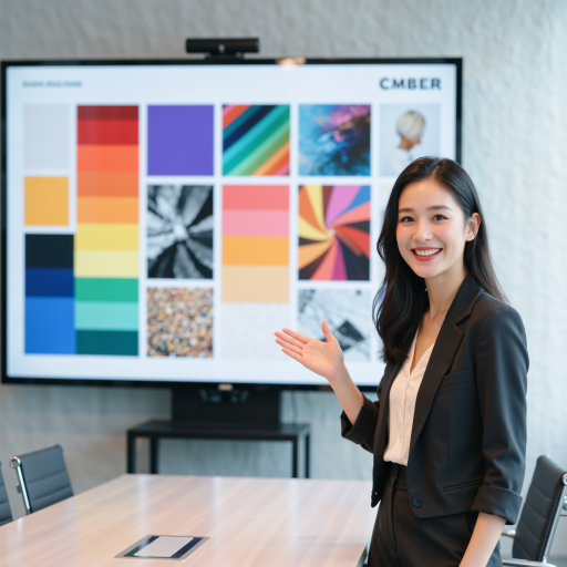 制片人商务形象照片，四十岁左右女性制片人，穿着得体职业装，会议室环境中展现专业商务形象，自信从容表情