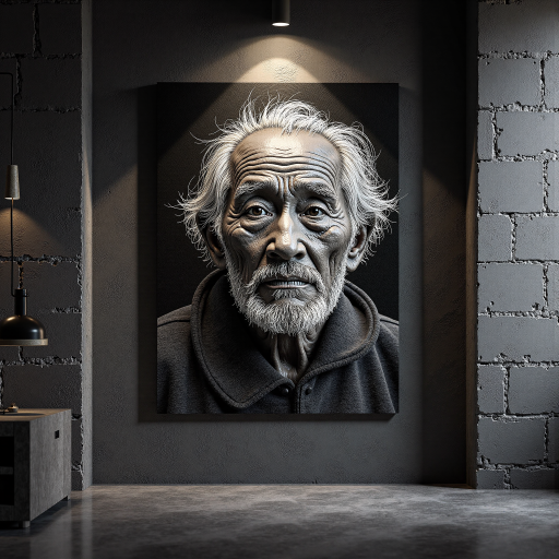 黑白人像摄影作品展示，老人沧桑面庞特写，深刻皱纹纹理清晰可见，深邃眼神传达岁月沉淀，经典黑白摄影风格